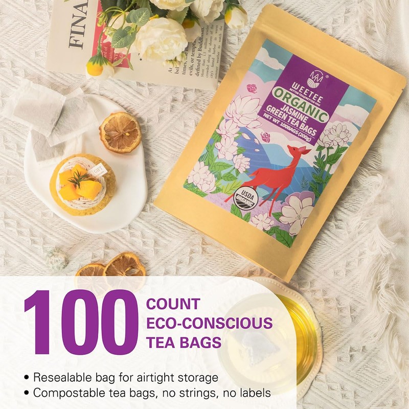 WT WEETEE Organic Jasmine Green Tea Bags, Organic Jasmine Scented