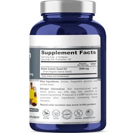 Aceite de semilla negra de 2000 mg por porción, 180 cápsulas de gel suave (sin OMG y sin gluten) prensado en frío, produce aceite de semilla de comino