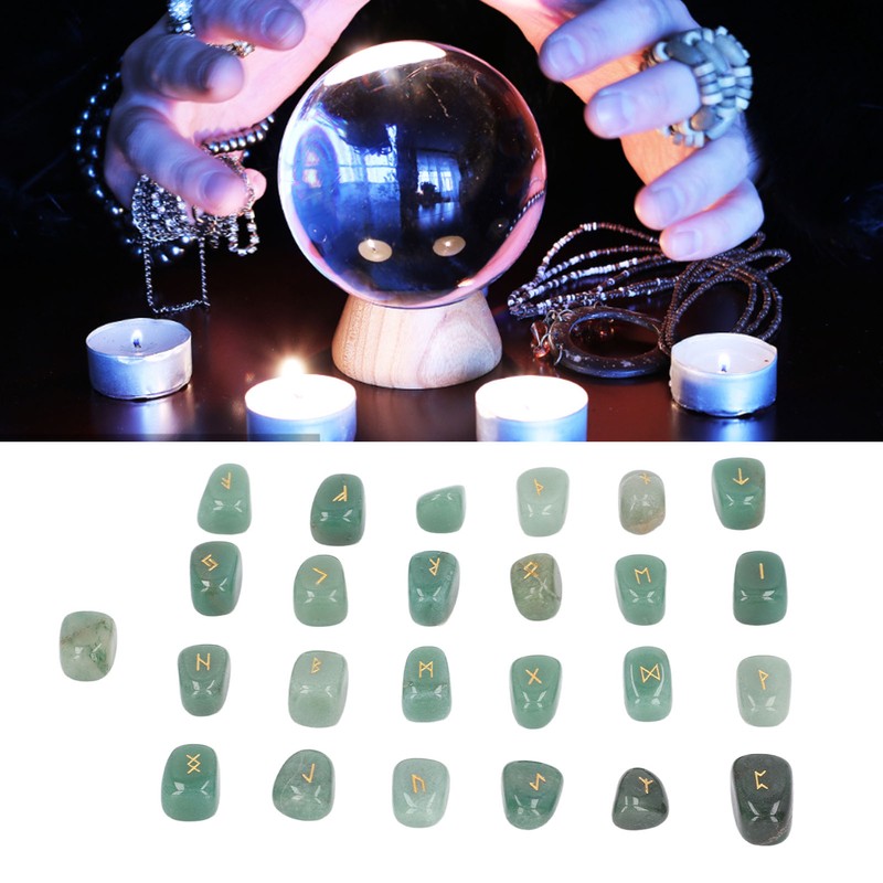 25pcs Rune Stones Set Hand Carved Polished Green Aventurine Portable