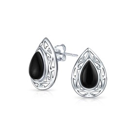 Bali Style Dyed Black Onyx Semi Precious Gemstone Pear Shape Filigree Setting Teardrop Stud Earrings For Women .925 Sterling Silver 15MM