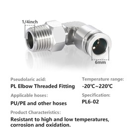 Eagles Push to Connect Air Fittings Elbow 6mm Tube OD x 1/4" NPT Male 90° Degree Adapter 304 Stainless Steel Male Elbow Air Union Fitting, Air Line Fittings Push Connectors, 2 Pack, PL6-02