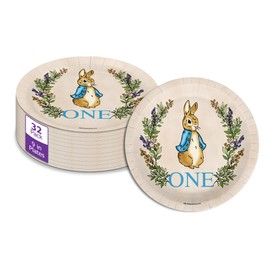 Peter Rabbit Boy's First Birthday - 32 Piece Disposable Party Supplies - Decorations for Bunny 1st Birthday Round Party Plates - Large 9" Paper Plates In Bulk