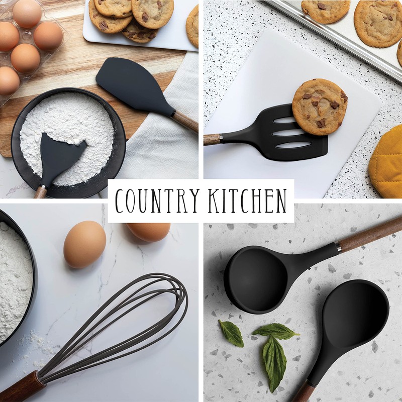Country Kitchen Non Stick Silicone Utensil Set with Rounded Wood