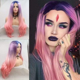 karissa Hair Blue Pink Purple Orange Lace Front Wigs for Women Ombre Long Synthetic Wigs Realistic Natural Wavy Straight Lace Wig with Natural Hairline Glueless Hair Replacement Wigs Cosplay , 26