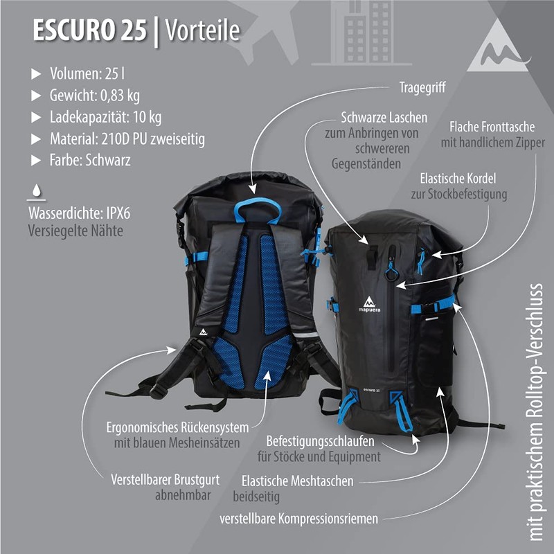 mapuera Escuro Waterproof Rolltop Backpack in Various Sizes (25 L),
