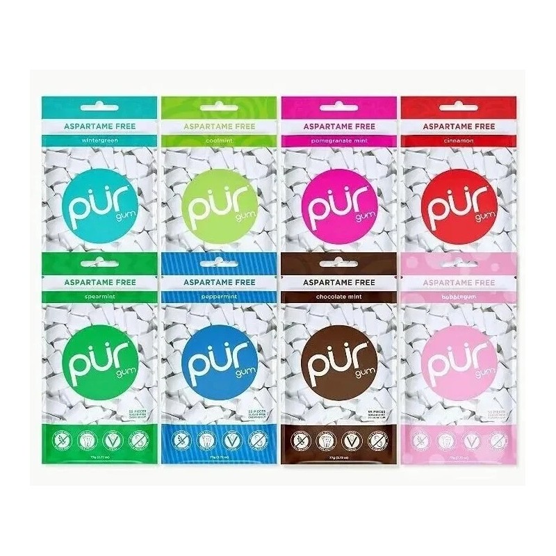 PUR Xylitol Chewing Gum 8 Flavor Variety (55 Pieces, 8