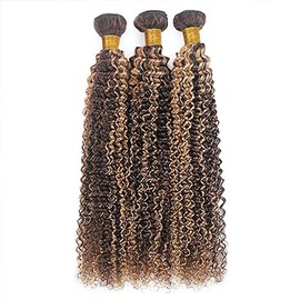 P4/27 Curly Wave Highlight Dark Brown and Honey Blonde Human Hair Bundles Curly Wave Hair Bundle Hair Weave For Women Double Weft No Tangle Bundles 8A Grade Hair Bundles 12 14 16 Inch