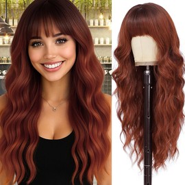 Long Ginger Orange Wigs with Bangs 26Inch Wavy Curly Hair for Women Tangle Free Soft Natural Looking Premium Heat Resistant Protein Fiber Daily Party Use
