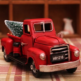 Christmas Crafts Vintage Red Truck Red Metal Rustic Pickup Truck and Pine Tree Model Exquisite Home Decoration