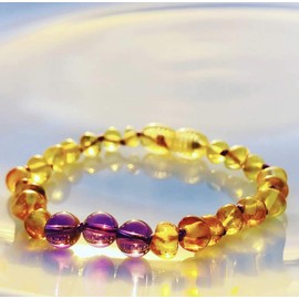 Baby J's - Lemon, Honey and Amethyst Coloured Bracelet/Anklet - Premium Amber Bracelet - Handcrafted with 100% Baltic Amber - Fitted with a Safety Screw Clasp - Knotted to Prevent Scattering - 15cm