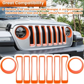 Front Grille Mesh Inserts & Headlight Cover for Jeep Wrangler JL JLU Unlimited Sport/Sports 2018-2023 Exterior Accessories Clip-in Grille Guard Cover Headlight Bezels Trim Ring (Orange 9PCS)