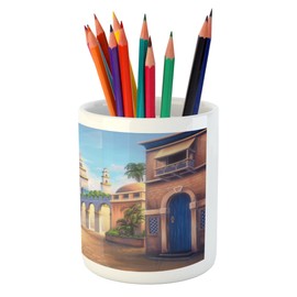 Lunarable City Pencil Pen Holder, Babylon City Gardens Architecture 7 Wonders of the World, Printed Ceramic Pencil Pen Holder for Desk Office Accessory, Pale Caramel Green Blue