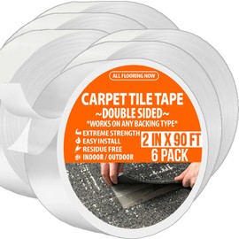 Carpet Tile Tape Double Sided Heavy Duty Carpet Tape for Carpet Tiles Rugs Vinyl Rubber Mats Turf Rug Gripper Indoor Outdoor No Residue Carpet Tape for Hardwood Floors 2 Sided 2in x 90ft (Bulk 6 Pack)