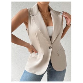 GORGLITTER Women's Plus Size Sleeveless Blazer Vest Tops Button Down Open Front Blazer Jacket Office Work Trendy Khaki X-Large Plus