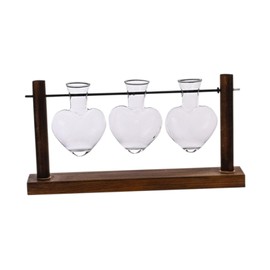 Fenteer Terrarium Planter Hydroponics Plant Holder with 3 Heart Shaped Vases Multipurpose for Table Centrepiece Wood Rack 30x16cm