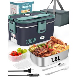 Eocolz Electric Lunch Box Food Heater Warmer 100W, 1.8L Portable Heated Lunch Box for Car Truck Work with Stainless Steel Container Fork & Spoon 12/24/110V Lonchera Eléctrica