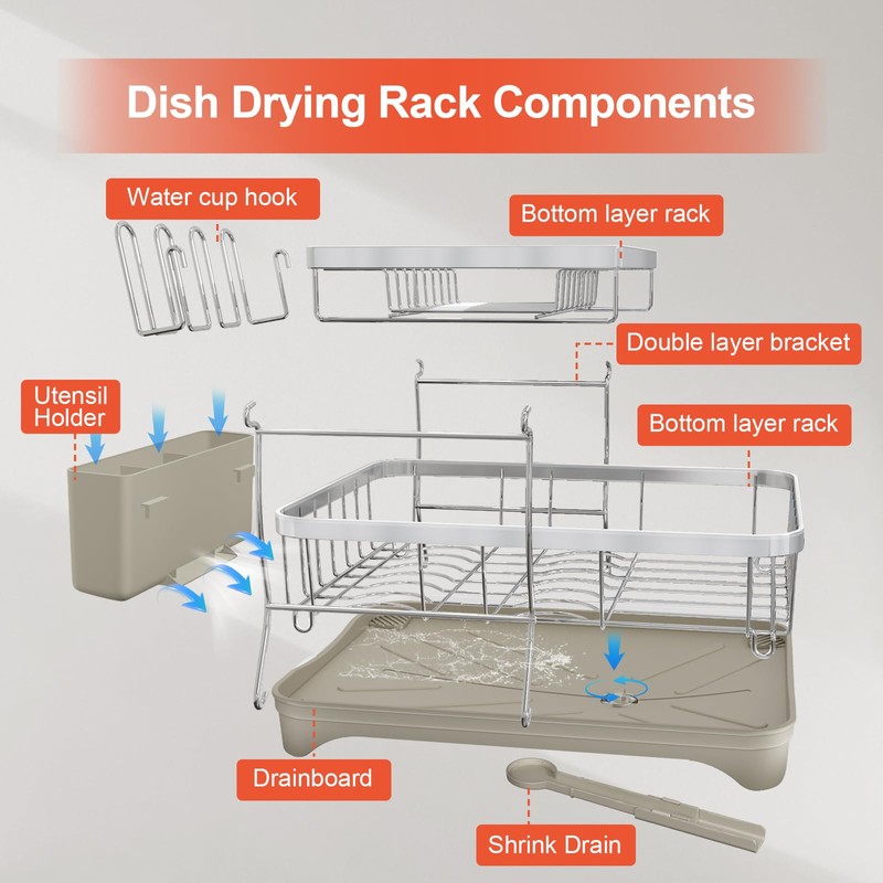 HOMEAILIE 2-Tier Dish Drying Rack for Kitchen Counter, 304 Stainless