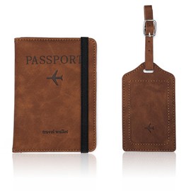 Donmnemb Passport Holder with Luggage Tag Set. Passport Cover and Initial Luggage Tag Set, Passport Holder for Travel and Suitcase Tags, Leather Passport Holder Cover Wallet Travel (Brown)