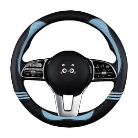 Iwantit® Cute Steering Wheel Cover for Women, Carbon Fiber&Perforated Leather with Anti-Slip Rubber Ring, Steering Wheel Protector for Men, Universal Fit 14.5-15 inches for Cars,SUV (Cool Blue)