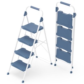 KINGRACK 4 Step Ladder, Sturdy Step Stool with Handrail, Anti-Slip Wide Pedals, Foldable Step Stool for Home, Garage, Garden, Blue, Safety Locking, Pass 900LBS Testing