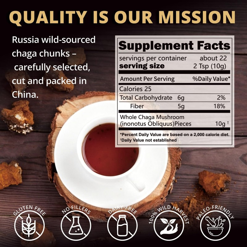 Chaga Mushroom Chunks - 8 ounce, 100% Wild Harvested with