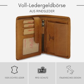 Baur Men's Genuine Leather Wallet with RFID Protection Large Wallet Portrait Format Wallet with Coin Compartment Wallet, camel, Portrait format with press stud inside