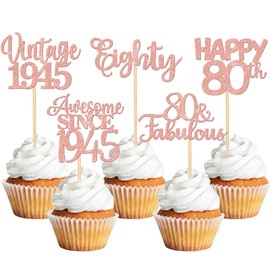 10Pcs Happy 80th Birthday Cupcake Toppers - Glitter '80 Fabulous' Vintage 1945 Theme for 80th Birthday & Anniversary Party Decorations, Rose Gold