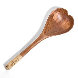 Kenyan Hand Carved Wild Olive Wood Heart-Shaped Spoon with Zig-Zag Bone Handle