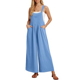 IWOLLENCE Women's Summer Jumpsuits Boho Wide Leg Overalls Casual Loose Rompers with Pockets 2024 Blue Large