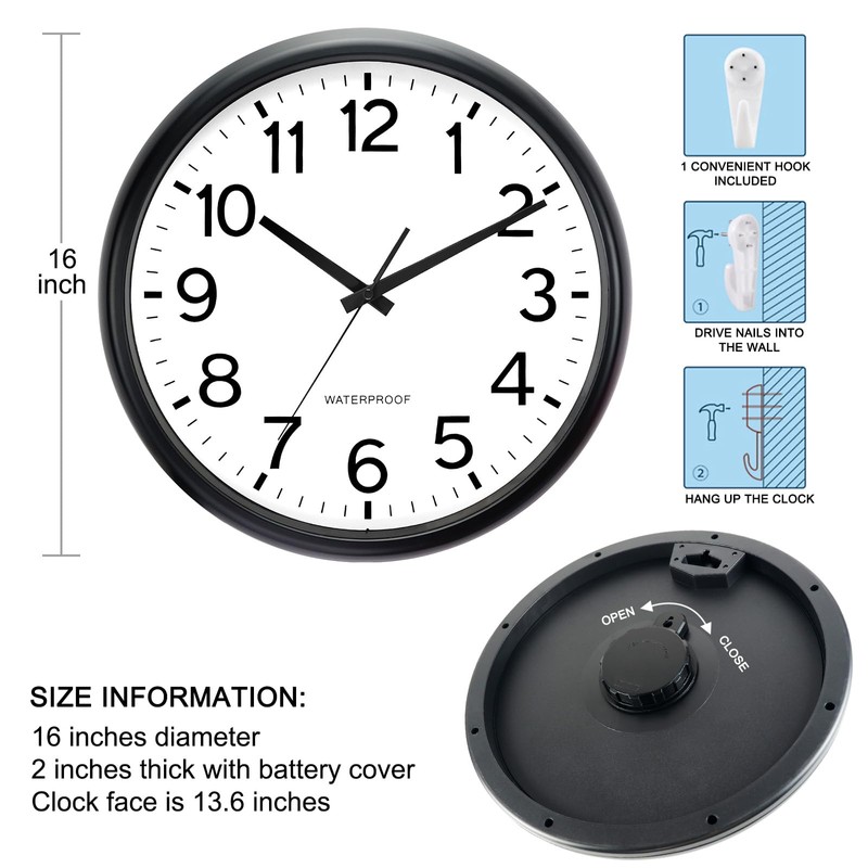 Caysie 16 Inch Sealed Large Outdoor Clock Waterproof, Silent Battery