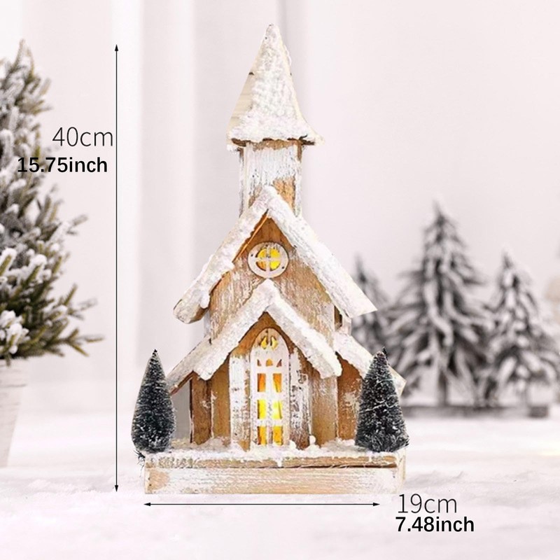 kokiya Christmas Wooden Lighted Snow Church Miniature Tabletop Decoration Xmas