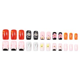 Short Square Press on Nails French Fake Nails Black False Nails Cute Artificial Nails with 3D Pink Floral Designs Acrylic Nail Press ons Flowers Stick on Nails for Women 24pcs
