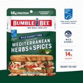 Bumble Bee Mediterranean Herbs & Spices Seasoned Tuna, 2.5 oz Pouches (Pack of 12) - Ready to Eat - Wild Caught Tuna Packet - 14g Protein per Serving - Gluten Free