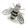 Clear Crystal Black Enamel Bee Brooch in Silver Tone -