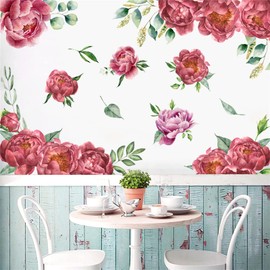WOHAHA Wall Sticker, Stylish, Plants, Red Peony Flowers, Green Leaves, Scenery, Wallpaper Sticker, Removable, Stylish, Scandinavian Floral Paper, Flower Pattern, Kitchen, Living Room, Rental, Bedroom,