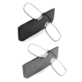 REAVEE 2 Pack Small Armless Reading Glasses for Men Women, Blue Light Blocking Rectangle No Temple Thin Compact Readers with Portable Case, Black and Grey +2.0