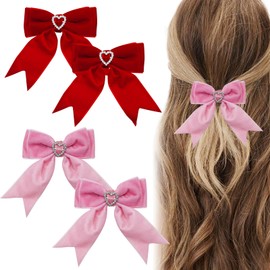 4 PACK Pink Velvet Hair Bow Clips, Elegant Bow Clip & Long Ribbon Hair Clip, Heart Rhinestones Hairpins Hair Accessories for Women Girls Toddlers
