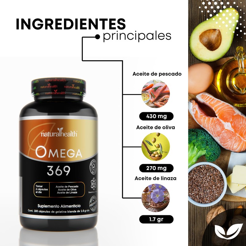 Natural Health. Omega 369. Frasco con 180 Cápsulas de 1.6
