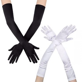 FOSDICK 2 Pairs Satin Gloves Long Nylon Gloves Black Long White Gloves Long 1920s Evening Gloves Classic Costume Gloves Elegant Women's Party Costume, black, white