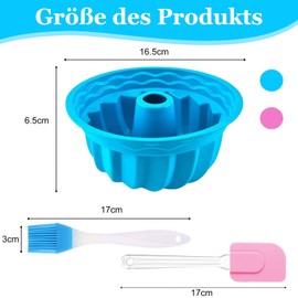 Gugelhupfform Silikon, 2 Stück Backform Ø 16.5 cm Gugelhupf Kuchenform Hochwertige Silikon-Kuchenform, Wiederverwendbare Bundform und 1 Spateln 1 Bürste für Kuchen Brot(Blau, Rosa)