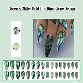 ANDGING Green Press on Nails Almond Short Medium Fake Nails with Glitter Gold Line Rhinestone Design Glue on Nails Gel Stick on Nails for Birthday Wedding Acrylic False Nails for Women Girls 24 Pcs