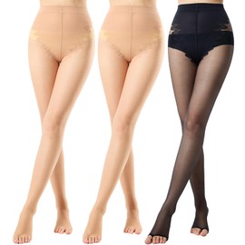 Aaronano 3 Pairs Toeless Pantyhose For Women 20D Sheer Tights Open Toe Stockings with Control Top, Black+natural, Small-Medium