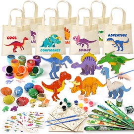 vamei Dinosaur Party Bags Children's Birthday Party with Dinosaur Wooden Craft Set Carry Bags Dino Eggs Slap Bracelets Stamp Temporary Tattoos, Pinata Filling Give Aways Gift for Boys Children