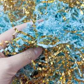 JINZOFLY Crinkle Cut Paper Shred Filler for Gift Wrapping, 7 oz Shredded Paper for Basket Filling,Mixed Colors Gift Box Filler for Easter, Birthday, Christmas, Mother's Day(Light Blue&Gold)