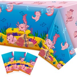 Haooryx Axolotl Plastic Party Tablecovers - 3-Pack Blue Cartoon Axolotl Table Cover Decorations Disposable Waterproof Rectangle Plastic Tablecloths Rectangle Kids Birthday Baby Shower Camping Events