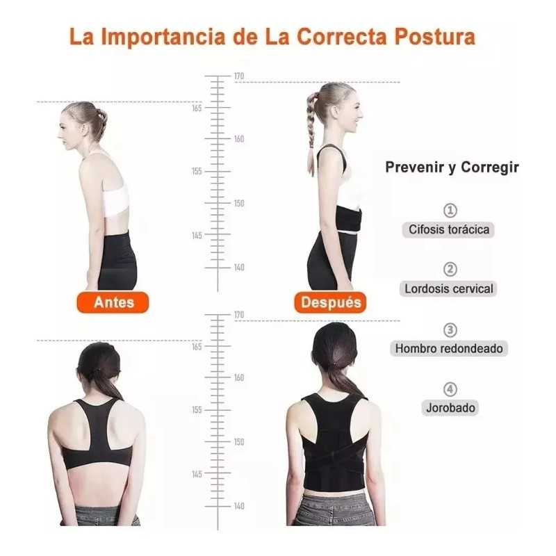 Soporte De Espalda Transpirable Y Ajustable Anti Joroba Full Negro