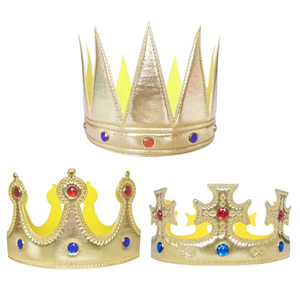 VIKSAUN 3 Pieces King Crowns Party Hat, Crowns for Kids, Birthday Party Crowns, Cloth Gold Coronation Crown with Gems, Kings Charles Coronation Party Decorations, Cosplay Nativity Carnival (3 pcs)