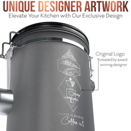 CafetastiQ Large Coffee Canister – Airtight Stainless Steel Storage Container with Date Tracker & Scoop, Sealed Jar for Grounds, Beans, Tea, Flour, Cereal, and Sugar (Gray Home, 38OZ)