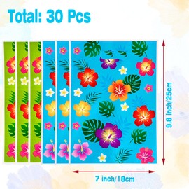 Boyuzcui 30 Pcs Luau Party Favors Bags - Blue Green Floral Printing Candy Treat Plastic Bags for Hawaiian Birthday Party Decorations Gifts