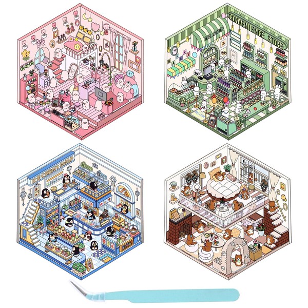 4 Sets 3D Sticker Scene Room DIY 3D House Stickers